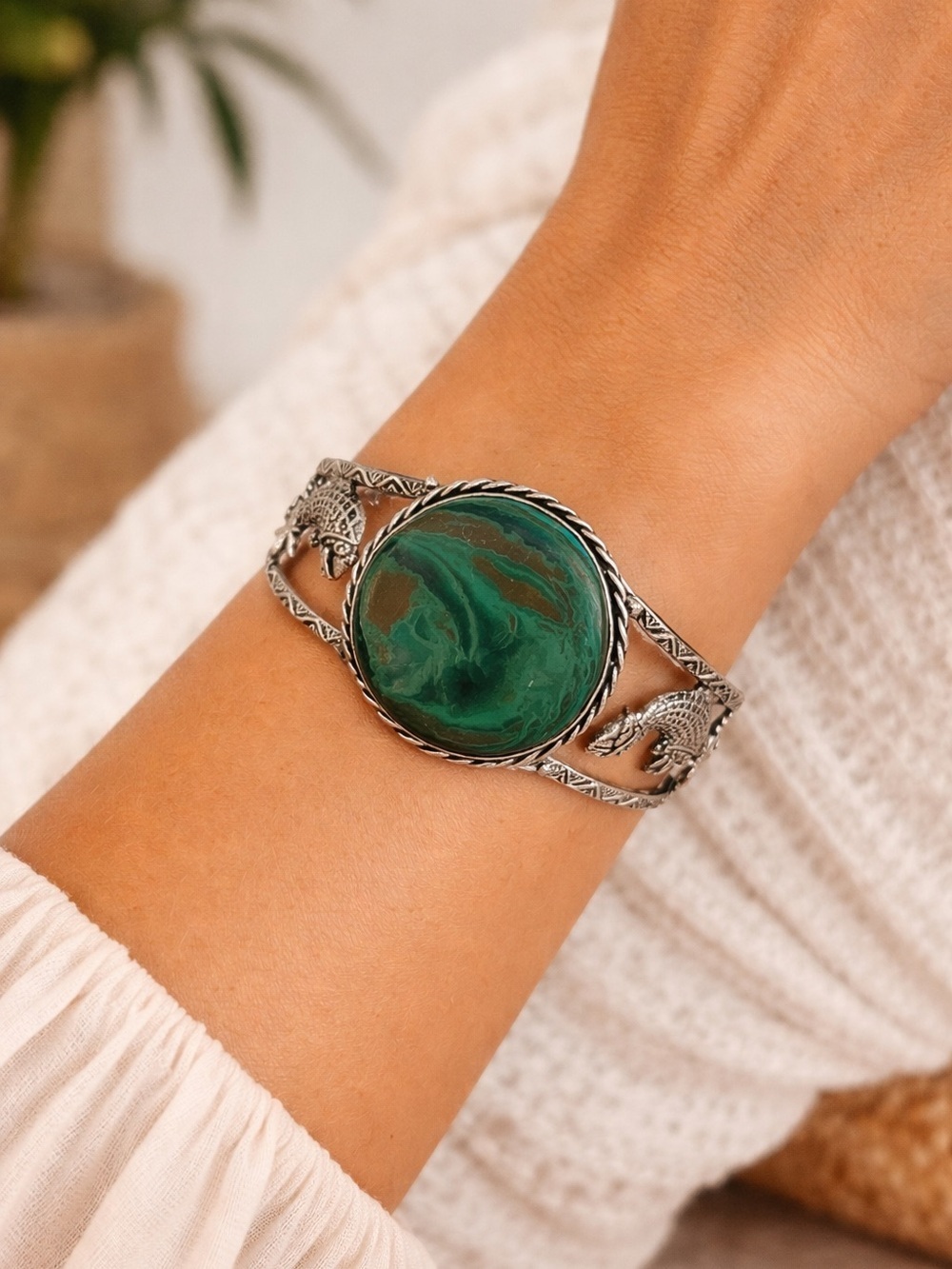 Silver-Tone Amazonite Stone Cuff Bracelet with Artist Stamp